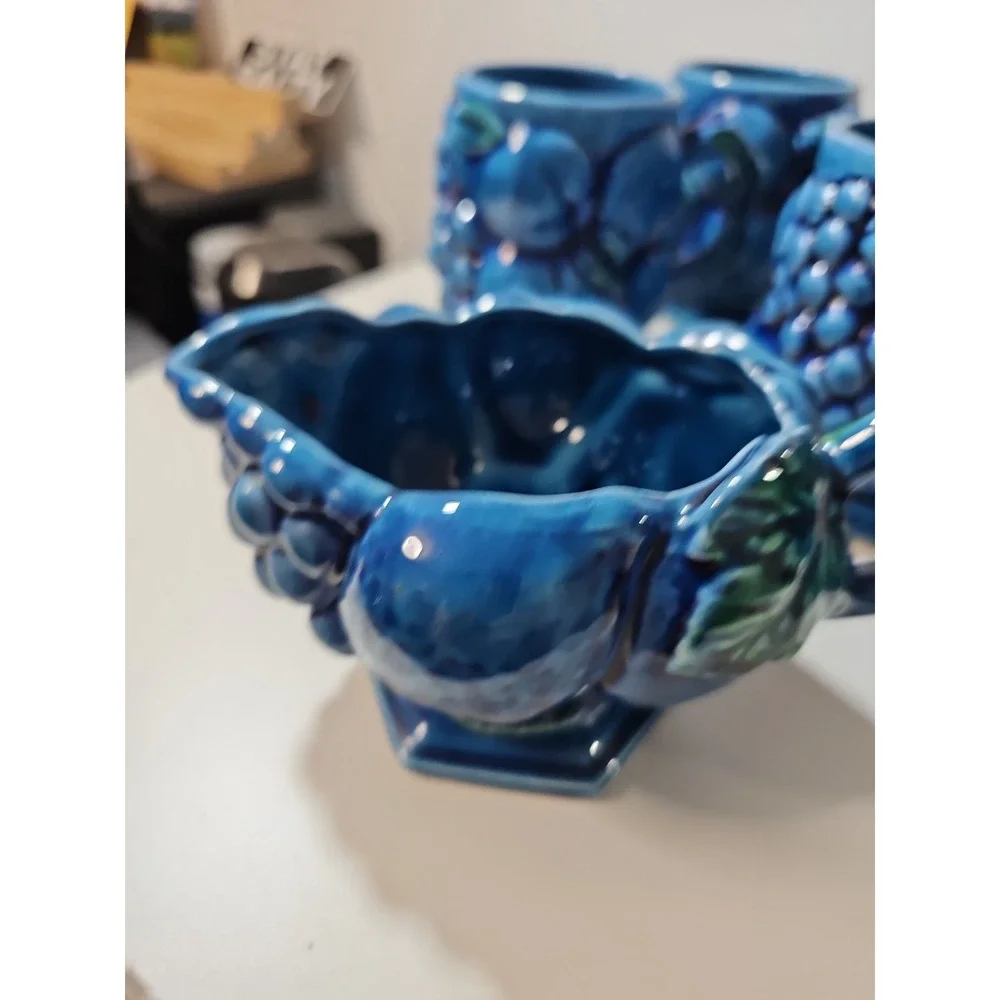 Vtg Inarco Mood Indigo Pitcher 4 Cups Creamer Set Blue Green MCM